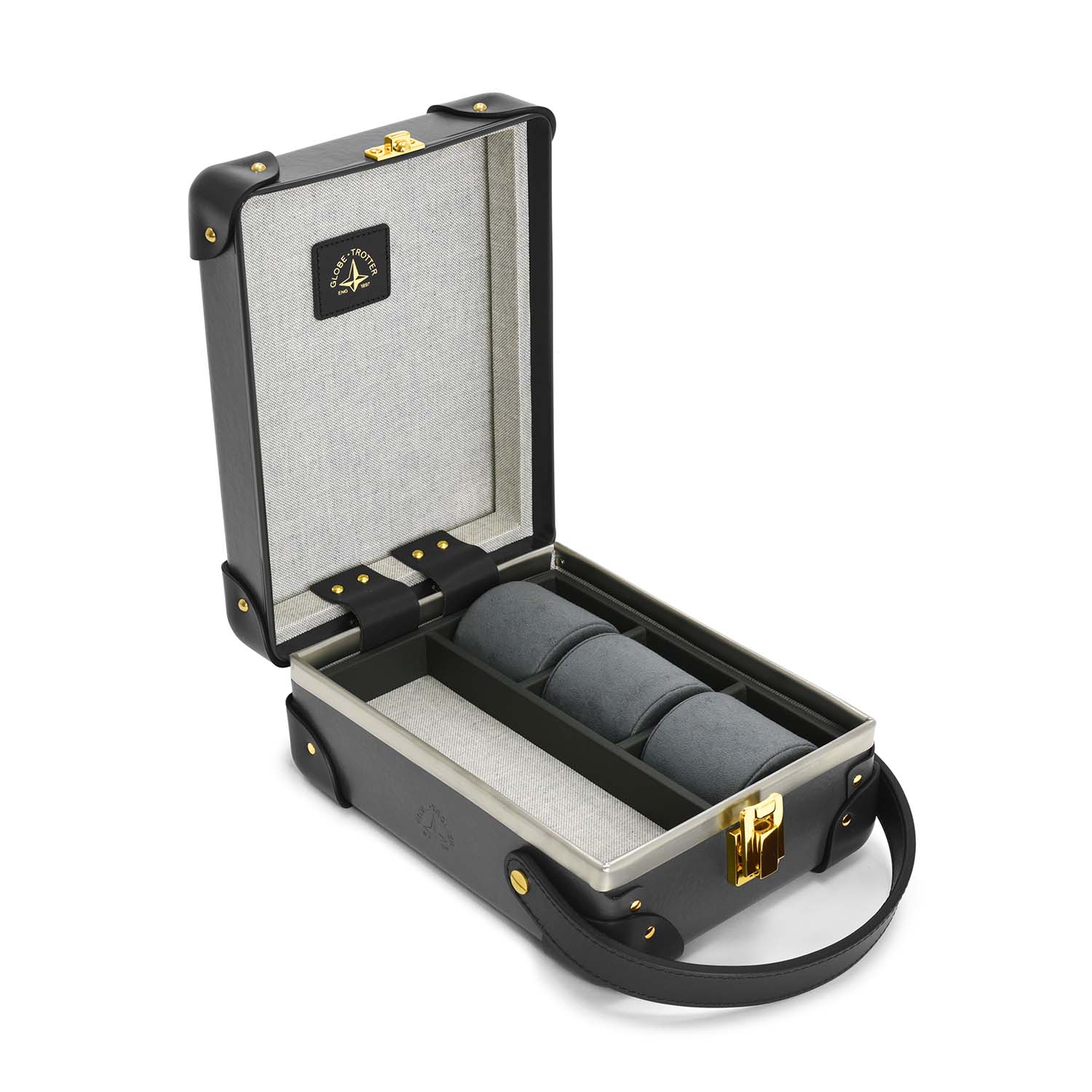 Centenary · 3-Slot Watch Case | Charcoal/Black/Gold - Globe-Trotter Staging