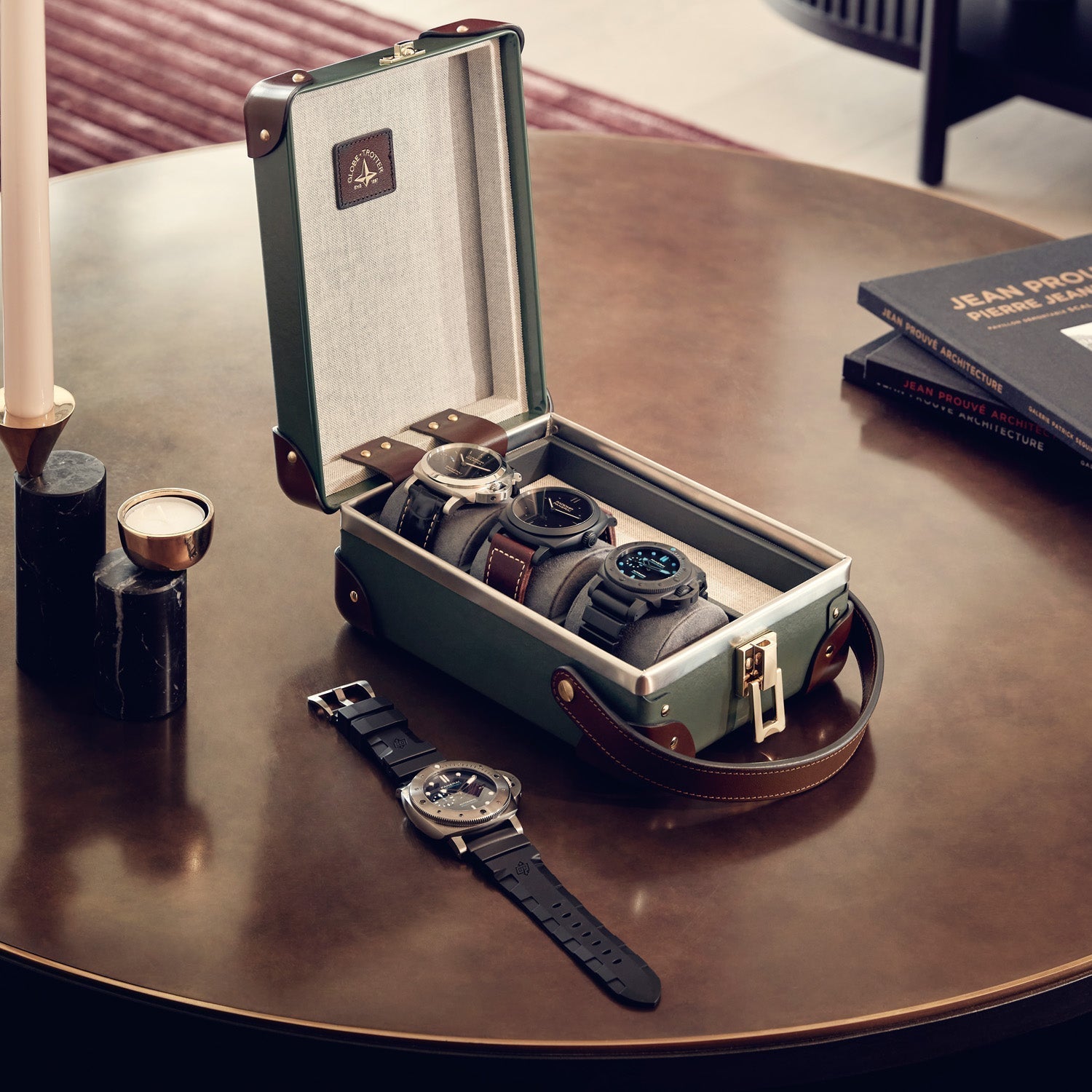 Centenary · 3-Slot Watch Case | Green/Brown - Globe-Trotter Staging